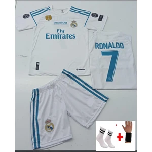Cristiano Ronaldo Real. Madrid 2018 Beyaz Şampiyonlar Ligi Çocuk Forma T-Shrt Takımı Çorap+Bileklik Yanında