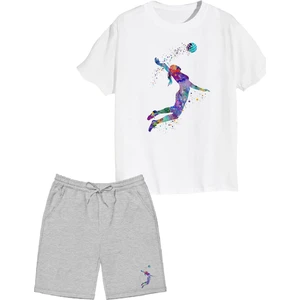 2'li Set Baskılı Kız Çocuk Pamuk Şort Tshirt Takım 05 5 6 7 8 9 10 11 12 13 14 Yaş Tişört Voleybol