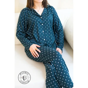 Yeşil Puantiye Desenli Düğmeli Uzun Kol Kadın Pijama Takımı