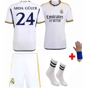Real Madrid 2023/24 Sezon Arda Güler 24  Numara Iç Saha  Beyaz-Sarı Şerit Çocuk Forma T-Shrt Şort  Takımı Çorap+Bileklik Yanında