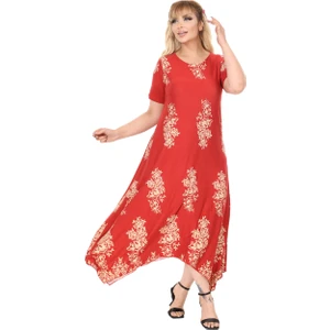 Butik Narçiçeği Pano Desen Asimetrik Kısa Kollu Elbise