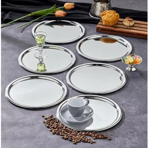 Elzem Tepsi Paslanmaz Çelik Yuvarlak Model 6 Lı Servis ve Sunum Tepsisi Gümüş Renk