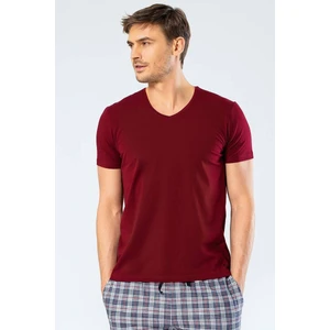 Erkek V Yaka Likralı T-shirt Bordo