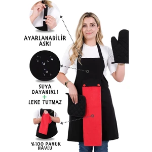 Star Ayar Askılı Havlulu 4lü Mutfak Önlüğü Seti (Eldiven Tutacak)