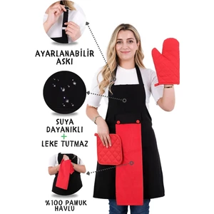 Star Ayar Askılı Havlulu 4lü Mutfak Önlüğü Seti (Eldiven Tutacak)