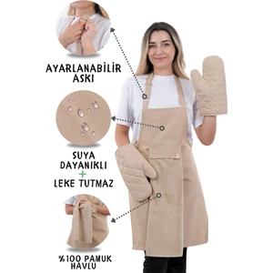 Unisex Mutfak Önlüğü Seti Leke Tutmaz 100% Pamuk 4'lü Eldiven ve Havlu ile