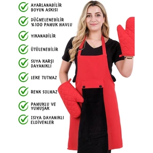 Star Ayar Askılı Havlulu 4lü Mutfak Önlüğü Seti (2 Eldiven)