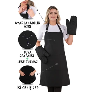 Simple 3'lü Set Ayar Askılı Cepli Mutfak Önlüğü Seti (2 Eldiven) Şef Garson Kafe Aşçı Barista