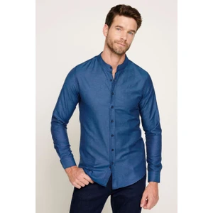 Slim Fit Dar Kesim Hakim Yaka Lacivert Erkek Gömlek