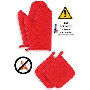 Yanmaz Fırın Eldiveni 2 Adet ve Fırın Tutacağı 2 Adet Kırmızı