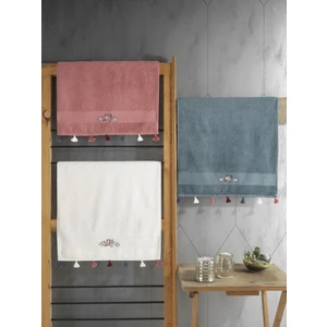 Cotton Box Nakışlı Fit Havlu Seti 3 Adet  50X90 Nar Çiçeği-Krem-Mavi