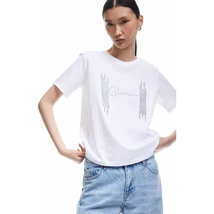 Pamuklu Bisiklet Yaka Kısa Kollu Simli Baskılı Kadın Tişört