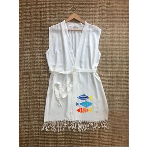 Renkli Balık Desenli Buldan Bambu Kolsuz Peştemal Kimono Plaj Elbisesi