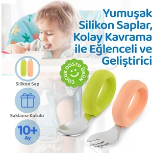 Bebek Çatal Kaşık Seti, Paslanmaz Çelik, Silikon Saplı, Pudra Yeşil