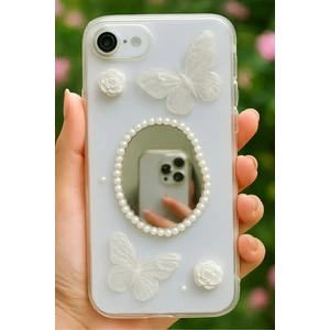Apple iPhone 16E Kılıf 3D Kelebek Gül Desenli Aynalı Simli Şeffaf Tasarımlı Silikon Kapak