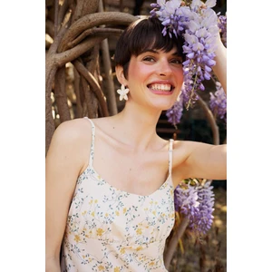 Çiçekli Keten Karışımlı Askılı Midi Elbise F4098AX25SM