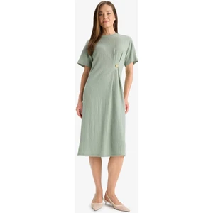 Regular Fit Bisiklet Yaka Basic Düz Bürümcük Kısa Kollu Midi Elbise E7330AX25SM