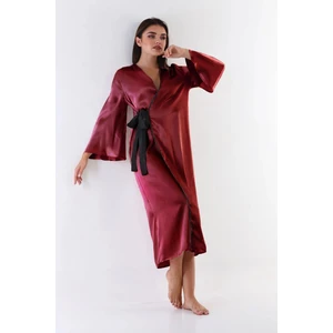 Kadın Bordo Saten Dokuma Sabahlık Siyah Kuşaklı Şık ve Zarif Ev Giyim