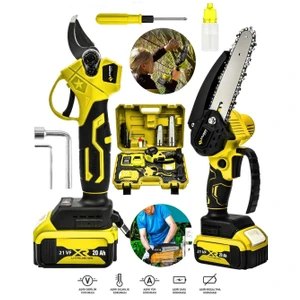 21 Volt 2 Li Set Çift Akülü Çelik Şanzuman Şarjlı Dal Ağaç Kesme Bağ Budama Makas
