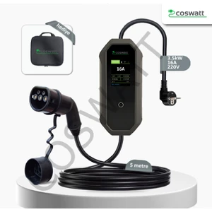 Coswatt Taşınabilir Elektrikli Araç Şarj Cihazı 16A 3,5kw Monofaze 5m(Türkçe Menü)Ve Taşıma Çantası