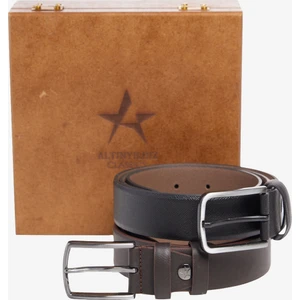 ALTINYILDIZ CLASSICS Erkek Siyah-kahverengi Özel Ahşap Hediye Kutulu 2'li Casual Kemer Set Damat Bohçası