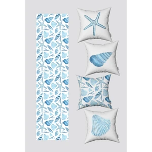 Mavi Beyaz Marin Desenli 4'lü Kırlent Kılıfı ve Runner Seti