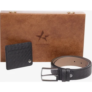ALTINYILDIZ CLASSICS Erkek Siyah Özel Ahşap Hediye Kutulu Kemer - Kartlık Aksesuar Set Damat Bohçası