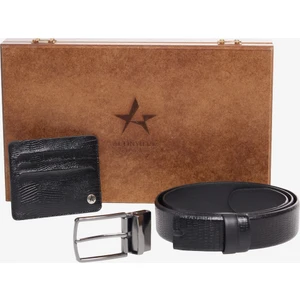 ALTINYILDIZ CLASSICS Erkek Siyah Özel Ahşap Hediye Kutulu Kemer - Kartlık Aksesuar Set Damat Bohçası