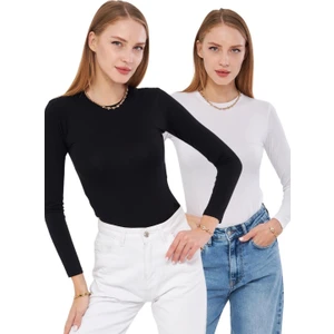 Kadın Siyah Beyaz 2'li Uzun Kol Body Bisiklet Yaka Kadın Badi 2101