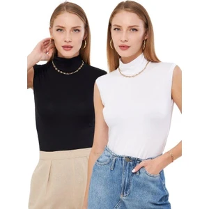 Kadın Siyah Beyaz 2'li Kolsuz Body Yarım Boğaz Kadın Badi 2135