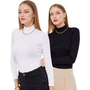 Kadın Siyah Beyaz 2'li Uzun Kol Body Yarım Boğaz Kadın Badi 2123