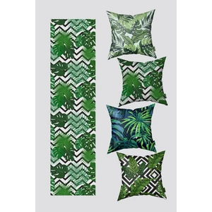 Yeşil Tropikal Yaprak Desen 4'lü Kırlent Kılıfı ve Runner Seti