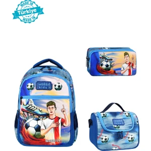 Lisanslı Futbol Temalı Ilkokul Sırt Çantası,termal Beslenme Çantası ve Kalemlik,3'lü Set