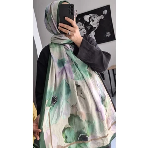 Aminenesil Bambu Kraş Çiçek Desen Şal Zümrüt Bej Mor Renk