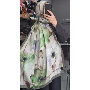 Aminenesil Bambu Kraş Çiçek Desen Şal Haki Bej Kahverengi Renk