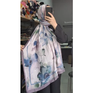 Aminenesil Bambu Kraş Çiçek Desen Şal Lila Mavi Bej Renk