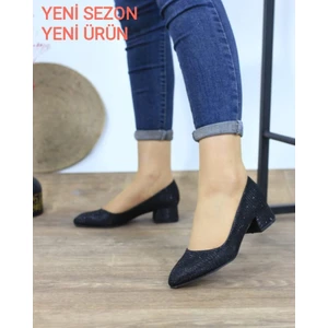 Kadın Ayakkabı Simli Sitiletto Kısa Topuklu Klasik Günlük Ayakkabı 3 cm