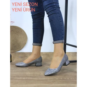 Kadın Ayakkabı Simli Sitiletto Kısa Topuklu Klasik Günlük Ayakkabı 3 cm