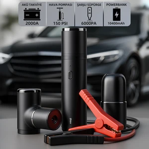 Mio 2 4in1 Akü Takviye Jump Starter Mini Şarjlı Süpürge Hava Pompası ve Led Fener 10400mAh Araç Kombo Kit