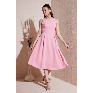 Bisiklet Yaka Regular Fit Cepli Pileli Midi Elbise Bayan Elbise 6051963