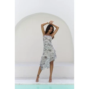 Stracnaha Drape Detaylı Gri Straplez Elbise