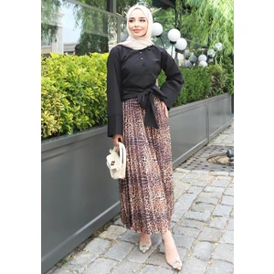 Beli Lastikli Deri Görünümlü Pileli Leopar Tesettür Etek