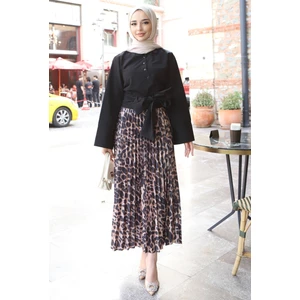 Beli Lastikli Deri Görünümlü Pileli Leopar Tesettür Etek