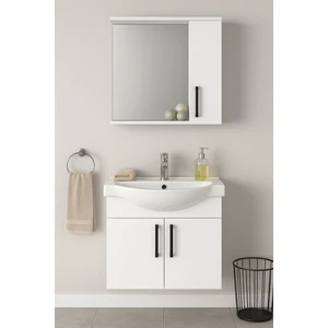 Dmz Home Concept Lacrime 65 cm Beyaz Renkli Mdf, Oval Seramik Lavabolu, Alt ve Üst Dolaplı, Üst Dolap Aynalı, Banyo Dolabı Takımı