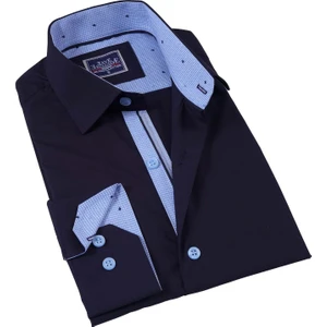 Lacivert Yaka ve Manşet Içi Mavi Desenli Slim Fit Erkek Gömlek