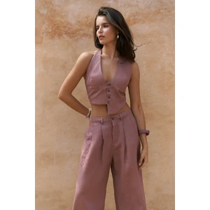 Lvdovila Açık Bordo Keten Crop Yelek Pantolon Takım