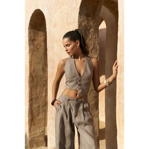 Lvdovila Füme Keten Crop Yelek Pantolon Takım