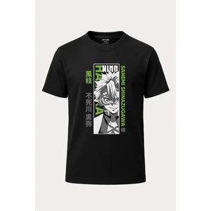 nirvoda Sanemi Kimetsu No Yaiba Baskılı Loose Fit Bisiklet Yaka Unisex Siyah Tişört Anime Manga