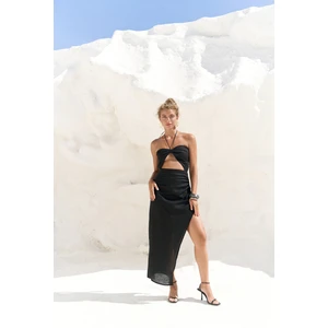 Abrossa Boyundan Bağcıklı Asimetrik Siyah Keten Elbise