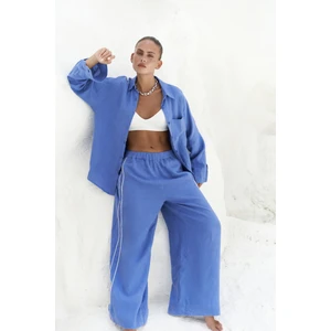 Orchidea Oversize Saks Mavi Keten Gömlek Takım